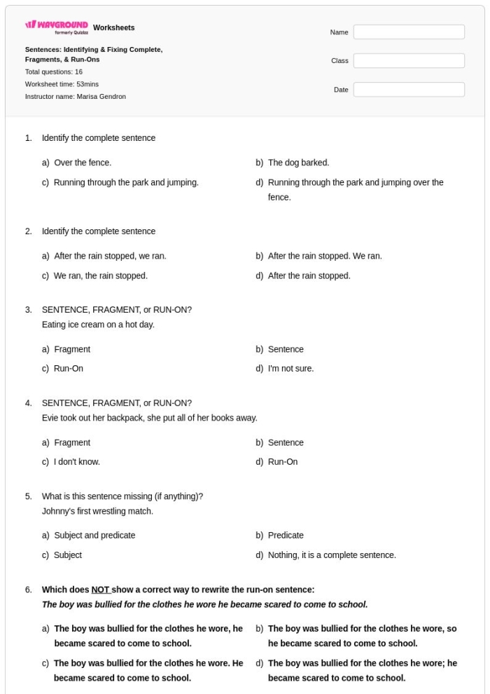 Worksheet for identifying sentences titled "At the Beach!" for third graders