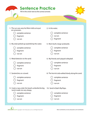 Worksheet featuring multiple-choice questions on sentence identification for third graders at the beach