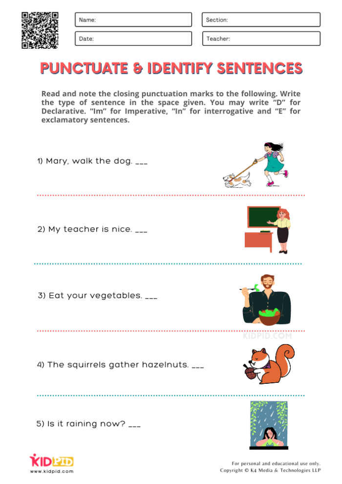Colorful worksheet titled "Identifying Sentences: At the Beach!" featuring multiple-choice questions for third graders. Engaging grammar practice sheet for students to identify various sentence types.