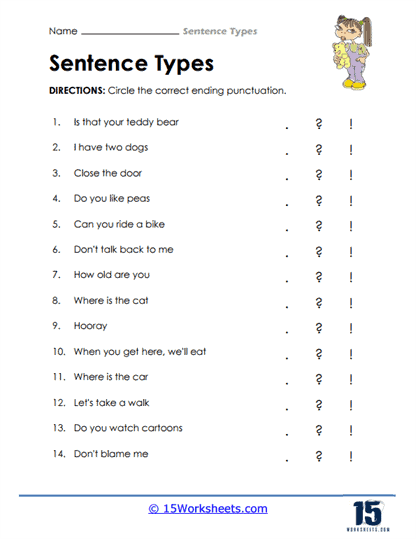 Worksheet for identifying sentence types featuring beach-themed illustrations