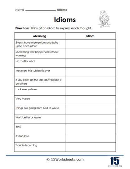 Fourth grade students working on a Making Sense of Idioms worksheet with geometry themes