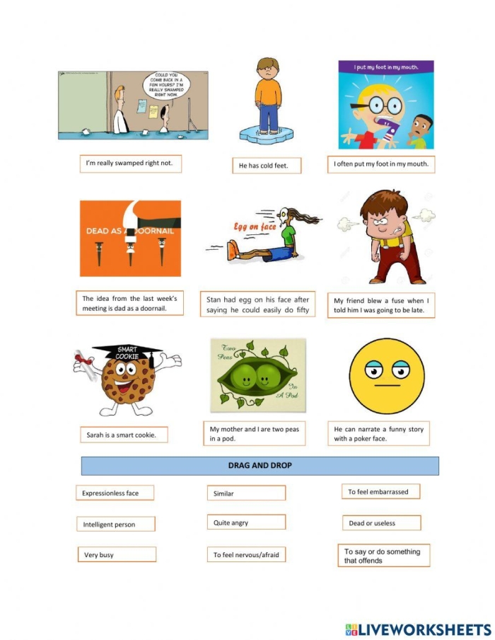 Second grade students completing a Mixed-Up Idioms worksheet by writing meanings and drawing illustrations