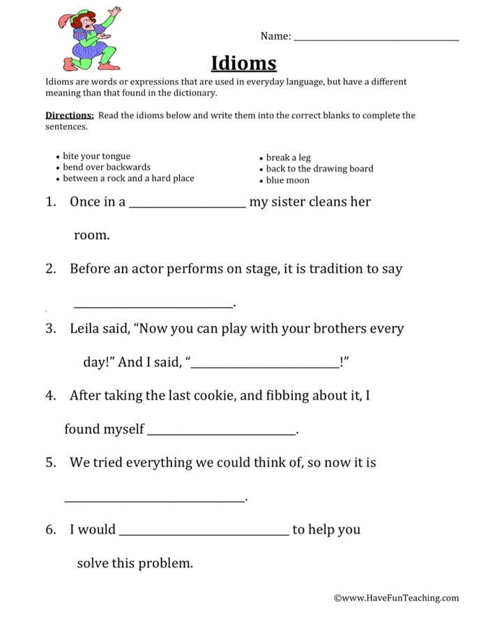 Fourth grade students fill in idiom sentences on a geometry worksheet