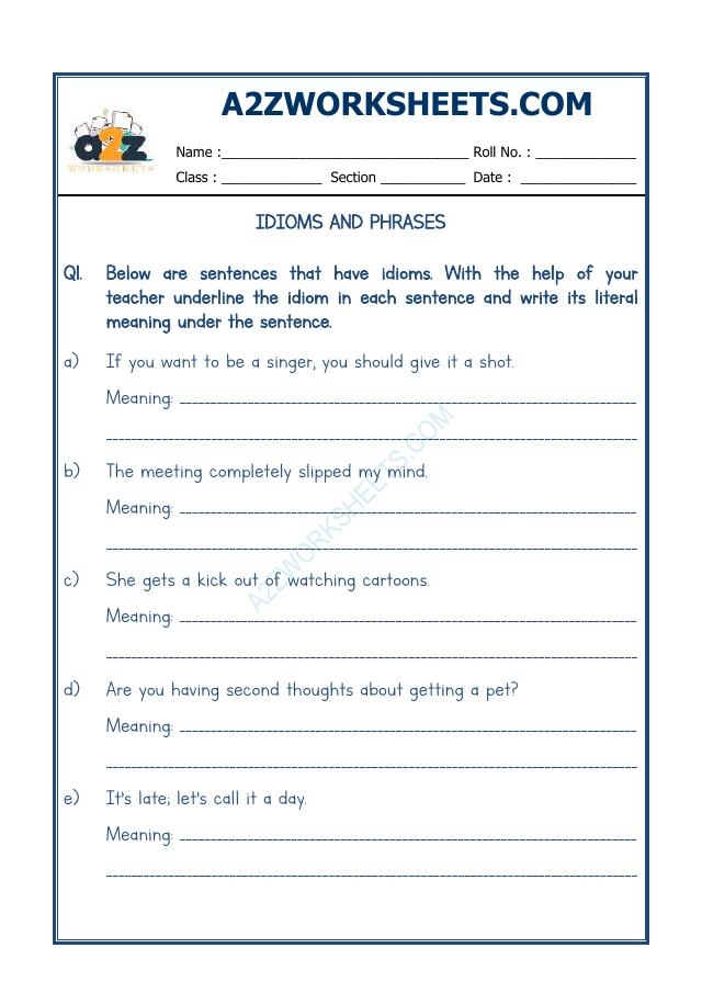 Fourth grade students working on making sense of idioms worksheet number 13