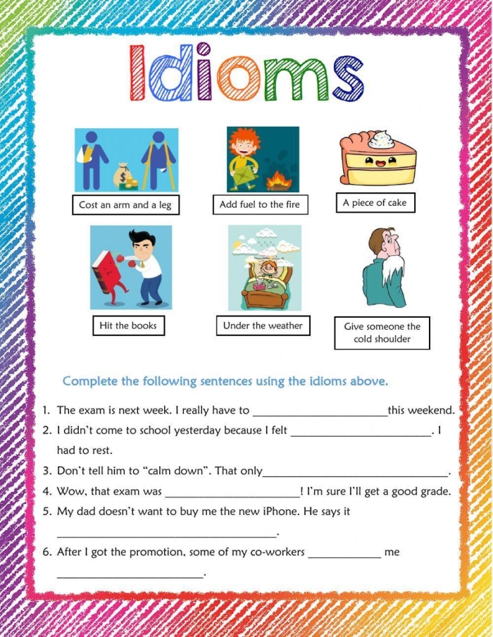 Fourth grade students filling in idioms on a geometry-themed worksheet
