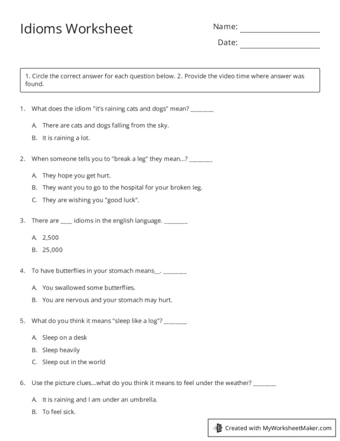 Fourth Grade students filling out the Making Sense of Idioms worksheet focused on geometry