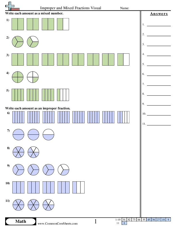 Fifth grade math worksheet featuring practice problems for mixed and improper fractions