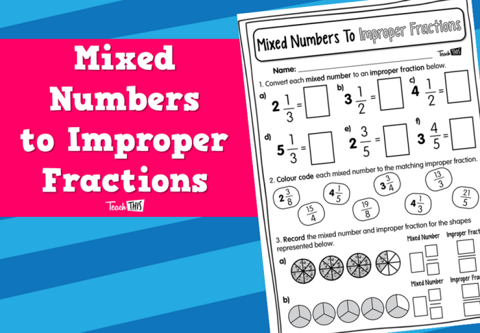 Fifth grade math worksheet focused on mixed and improper fractions with vibrant illustrations