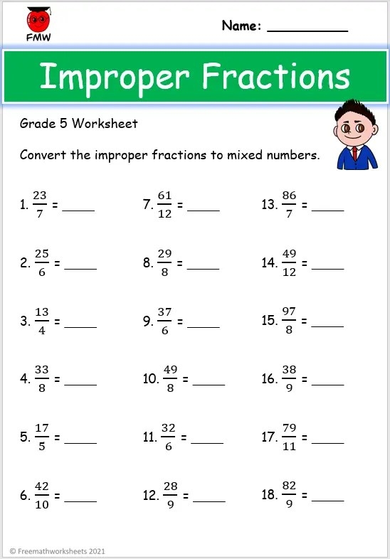 Fifth Grade math worksheet focusing on mixed and improper fractions with bright visuals