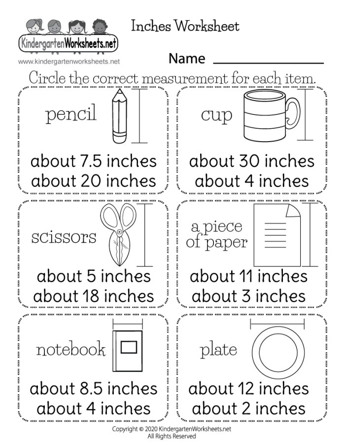 First Grade worksheet showing how to measure objects in inches with a ruler
