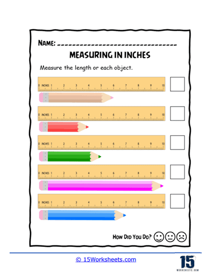 First Grade student practicing measuring objects with a ruler in inches
