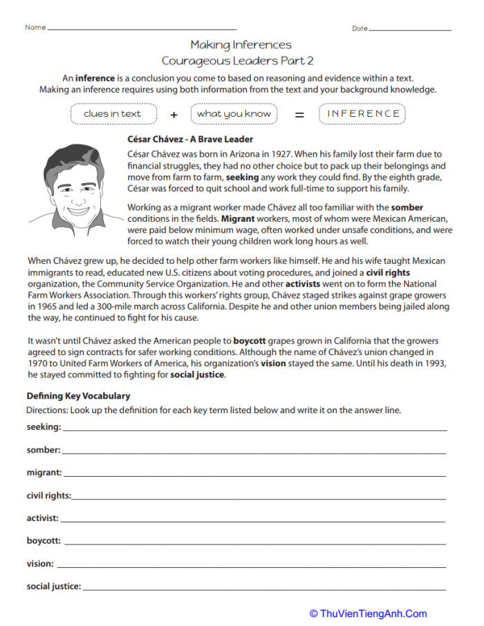 Fourth grade worksheet focused on making inferences about courageous leaders with fraction concepts