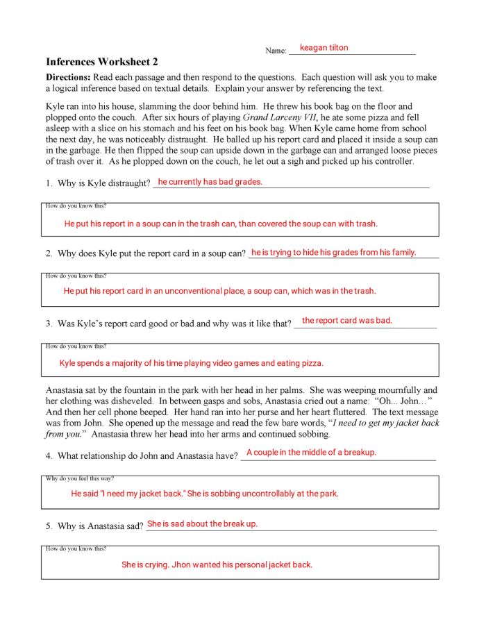 Make Your Own Inferences 2 activity for building reading comprehension skills Second Grade worksheet for practicing making inferences with simple sentences