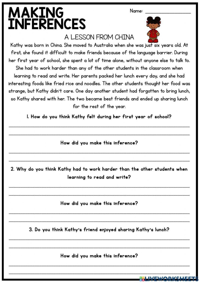 Make Your Own Inferences 2 worksheet for building reading comprehension skills Second grade worksheet focused on practicing making inferences from short sentences