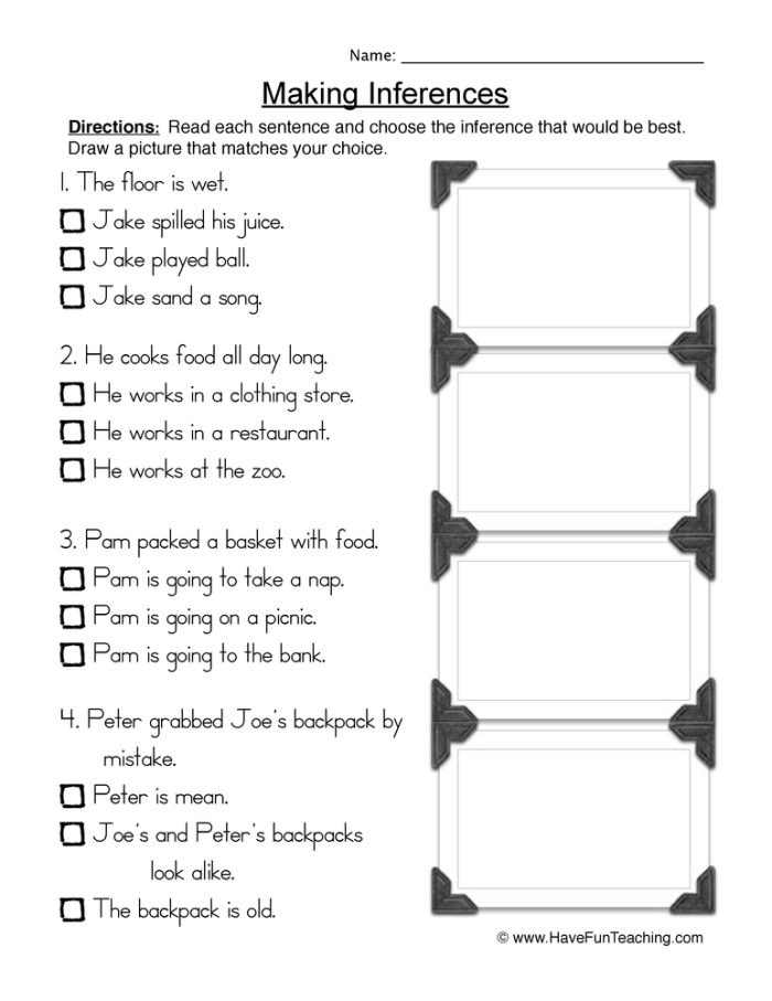 Make Your Own Inferences 2 exercise for improving reading comprehension skills Second Grade worksheet for practicing making inferences with simple sentences