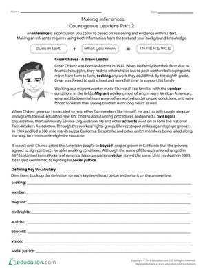 Fourth grade worksheet on making inferences with stories about courageous leaders