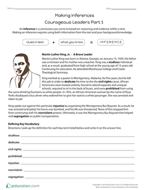 Fourth grade worksheet on making inferences about courageous leaders with a fractions theme