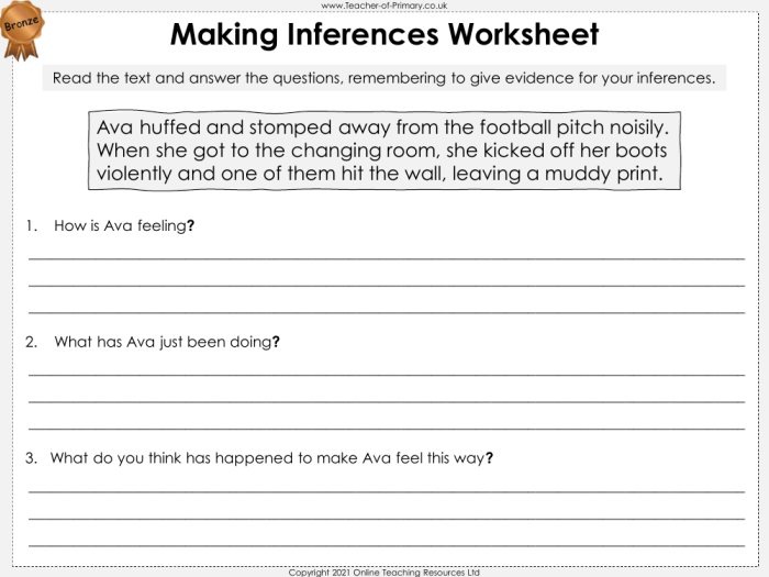 Worksheet for developing inference skills with simple sentence exercises in second grade Second-grade students practicing making inferences with a worksheet focused on reading comprehension