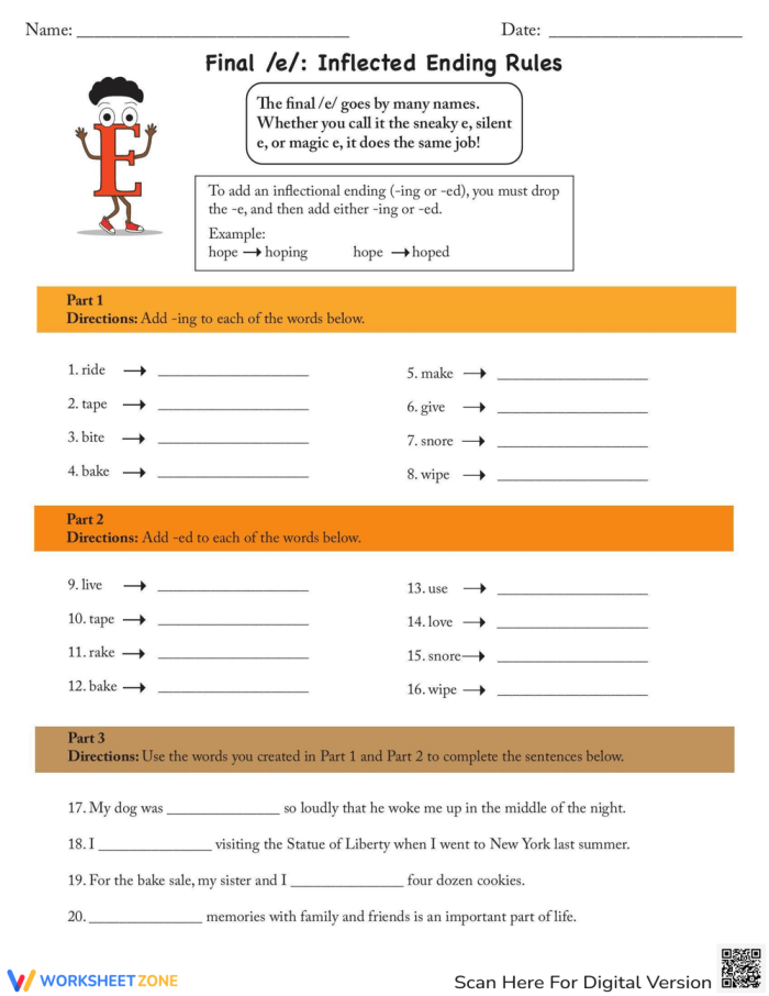 Practice worksheet for final e inflected endings in third grade reading Third grade worksheet on rules for dropping the final e before adding inflected endings