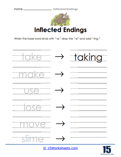 Practice worksheet on inflected ending rules for final e words in third grade reading Third Grade worksheet for practicing dropping the final e before adding inflected endings