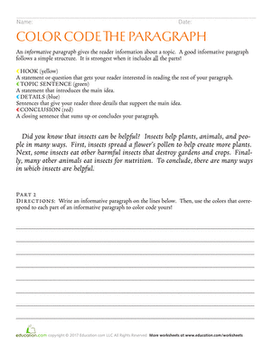 Color Code the Paragraph worksheet activity for third grade grammar and mechanics skills, image 10 Third grade students using a color code the paragraph worksheet to identify parts of an informative text