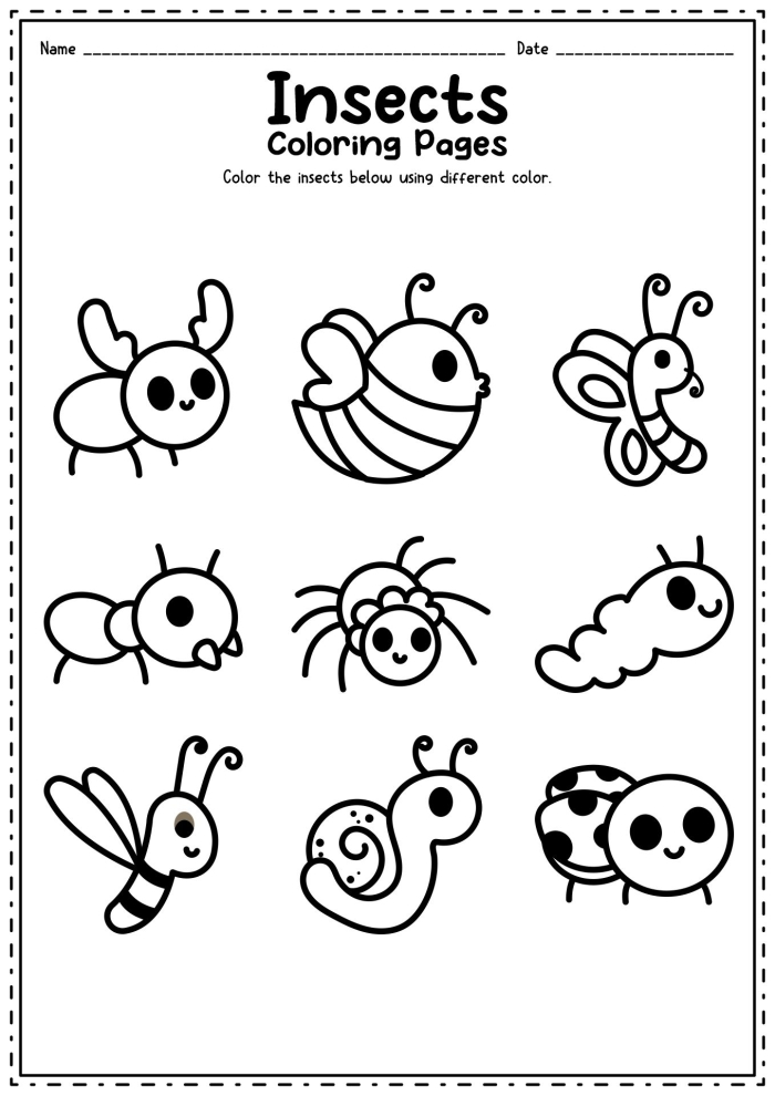 Bugs in Nature themed worksheet for pre-K and kindergarten learners, image 25 Coloring page featuring various bugs and insects for young children to color