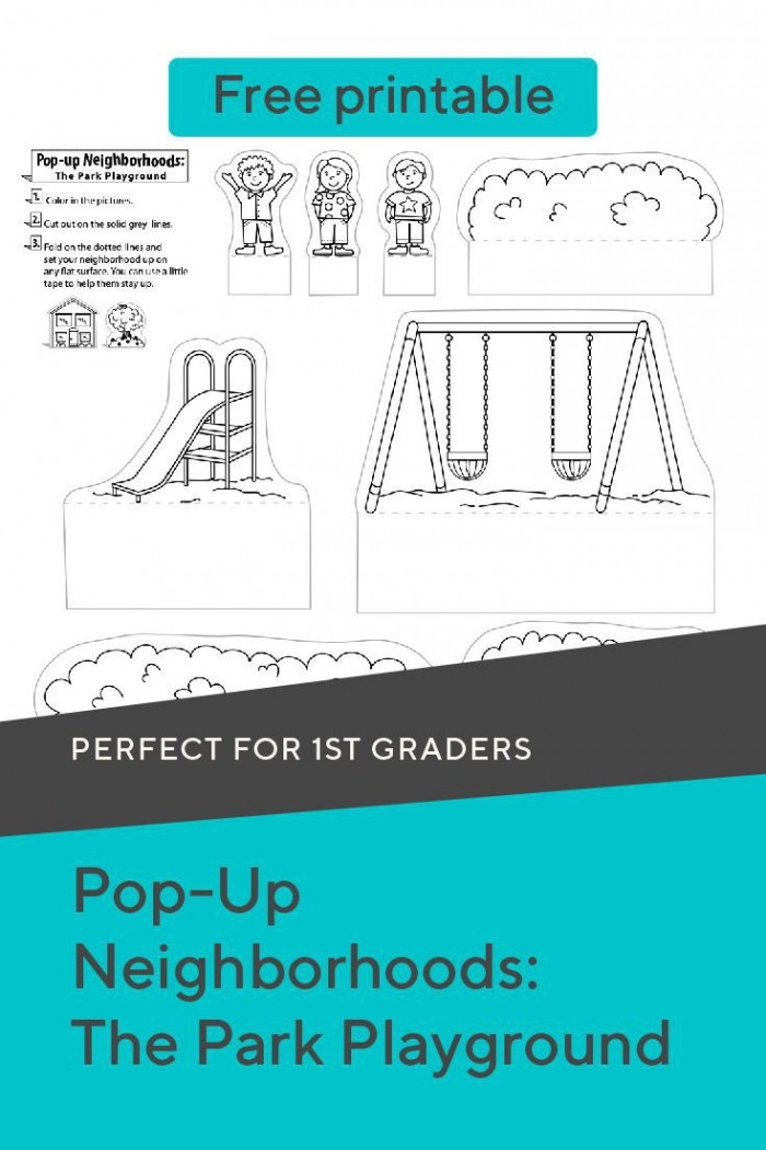 First grade worksheet featuring a pop-up park with swings, slides, and animal-filled trees for learning integers