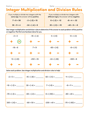 Worksheet on integer operations designed to enhance math skills for grade seven Integer Multiplication and Division Rules worksheet for seventh-grade students
