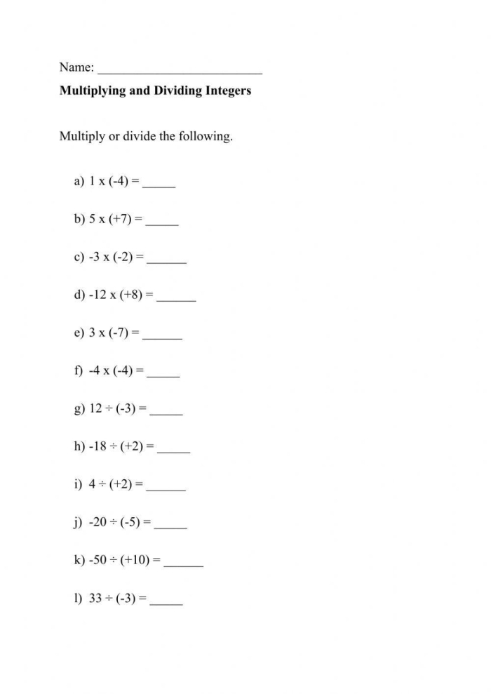 Worksheet image showcasing integer operations for educational use in middle school classrooms Integer Multiplication and Division Rules worksheet for seventh-grade students to enhance their math skills