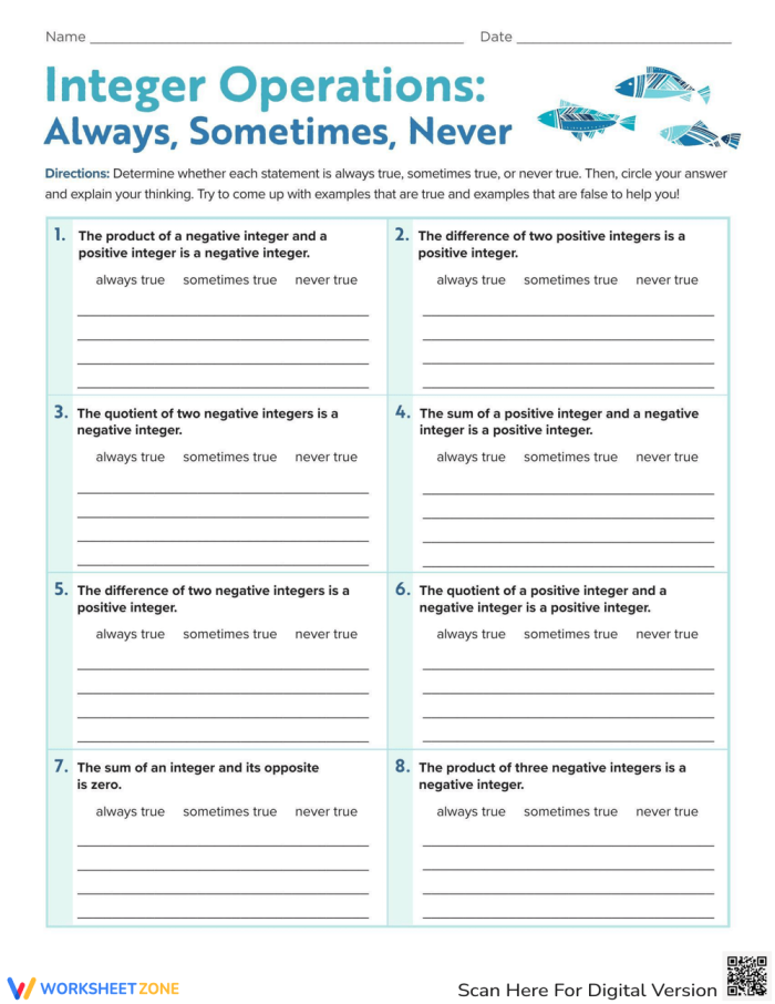 Seventh grade worksheet focusing on integer operations with always, sometimes, and never questions