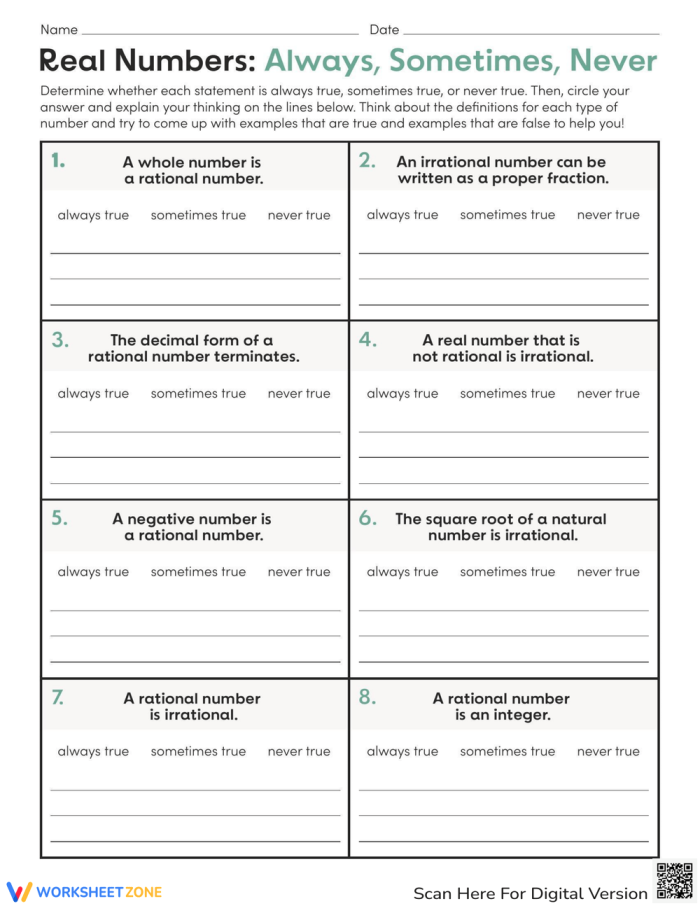 Seventh grade student completing an Integer Operations: Always, Sometimes, Never worksheet focused on time and money