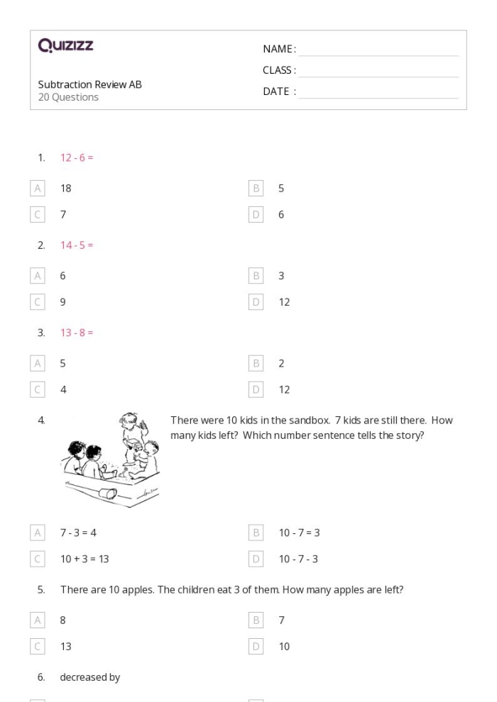 Inverse Subtraction Practice worksheet for first graders with missing number problems on page three First Grade worksheet for practicing subtraction using inverse operations to find missing numbers