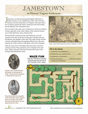 Jamestown Colony reading worksheet for third graders number 17 Third grade Jamestown Colony worksheet featuring fun reading activities