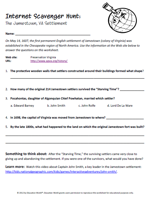 Jamestown Colony learning worksheet for third grade students exploring early American history Third Grade Jamestown Colony worksheet featuring historical facts and activities