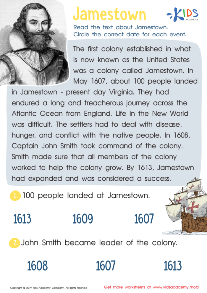 Explore Jamestown Colony history with an engaging worksheet for third graders Third grade Jamestown Colony worksheet featuring historical facts and activities