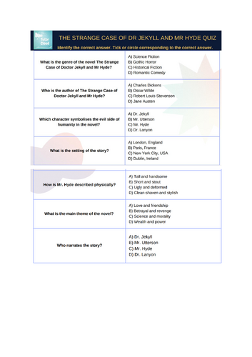 Fifth grade worksheet featuring reading comprehension and creative writing prompts for The Strange Case of Dr. Jekyll and Mr. Hyde