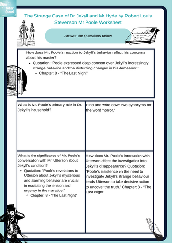 Fifth grade students completing a worksheet on The Strange Case of Dr. Jekyll and Mr. Hyde focusing on grammar and comprehension