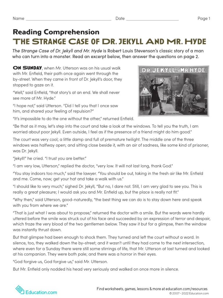 Fifth grade students completing a worksheet on The Strange Case of Dr. Jekyll and Mr. Hyde focusing on grammar and comprehension