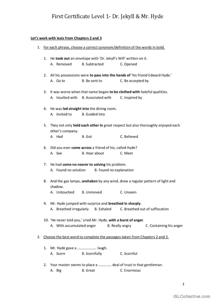 Fifth grade worksheet featuring a reading passage and writing prompts from The Strange Case of Dr. Jekyll and Mr. Hyde