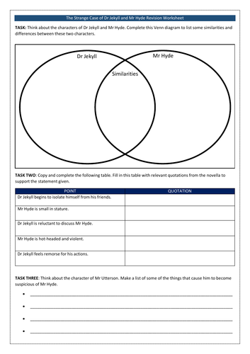 Fifth grade worksheet featuring an excerpt from The Strange Case of Dr. Jekyll and Mr. Hyde with comprehension and writing tasks