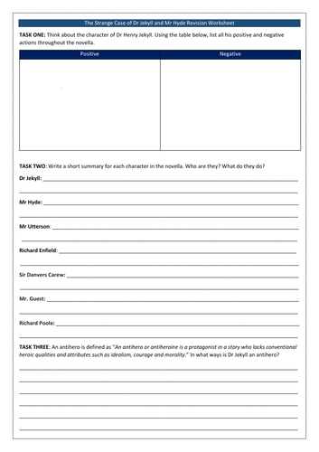 Fifth grade students completing a Strange Case of Dr. Jekyll and Mr. Hyde worksheet with reading and writing tasks