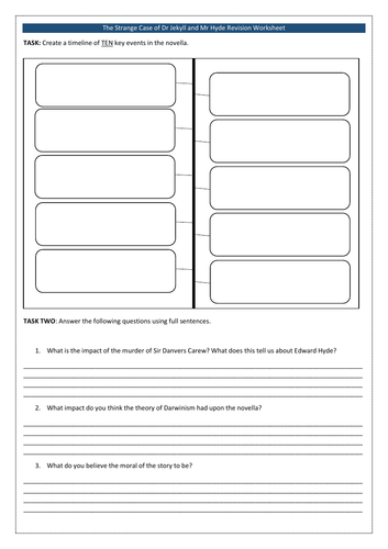 Fifth grade worksheet featuring reading and writing activities based on The Strange Case of Dr. Jekyll and Mr. Hyde excerpt
