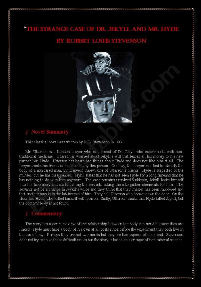 Fifth grade worksheet featuring a reading and writing activity based on The Strange Case of Dr. Jekyll and Mr. Hyde excerpt