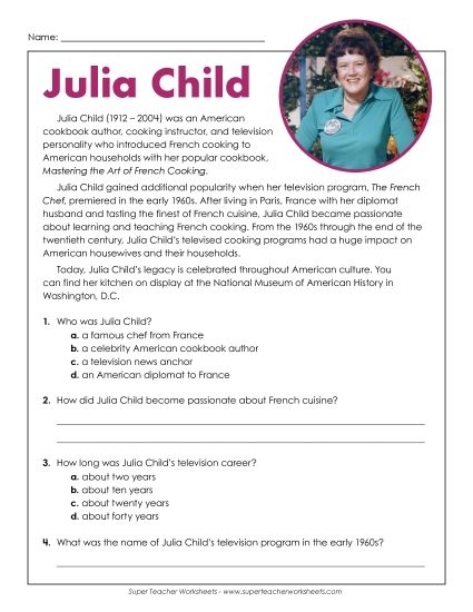 Julia Child biography worksheet for fourth graders with comprehension questions
