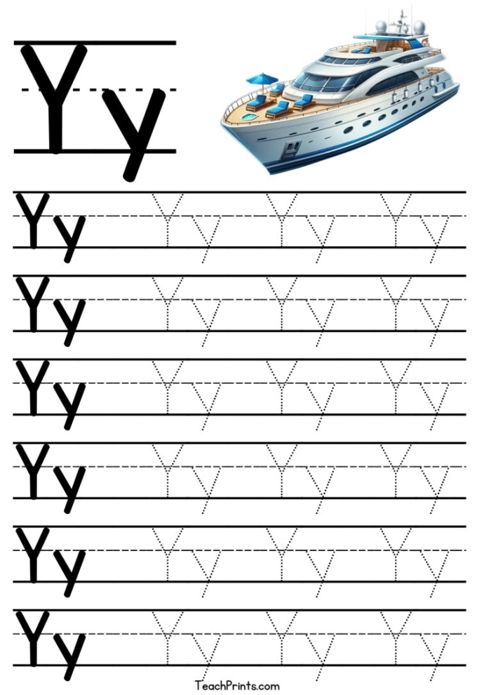 Worksheet for tracing the letter Y designed for Pre-K children in Spanish Kids practicing fine motor skills by tracing the letter Y on a worksheet