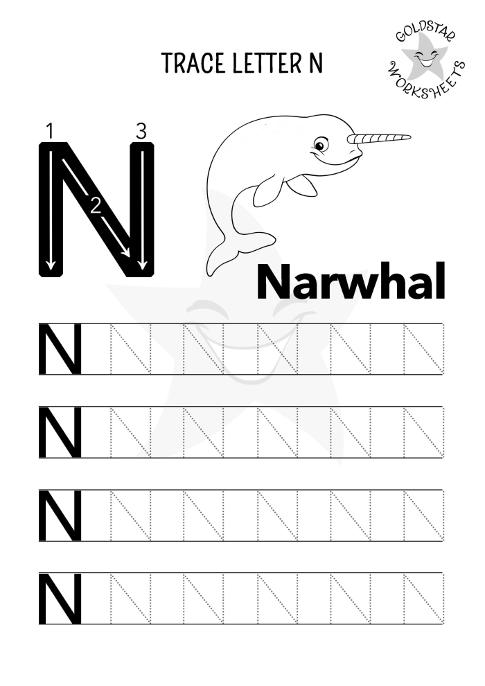 Kids practicing fine motor skills while tracing the letter N on a worksheet