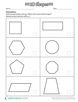 Name That Shape 2D Geometry Assessment Activity for Early Learners Kindergarten student identifying and naming five different two-dimensional shapes on a geometry assessment worksheet