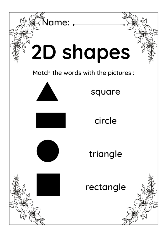 Kindergarten geometry worksheet 18 with 2D shapes to identify and name Name That Shape 2D Shape Assessment worksheet showing circles, squares, triangles and rectangles for kindergarten geometry practice