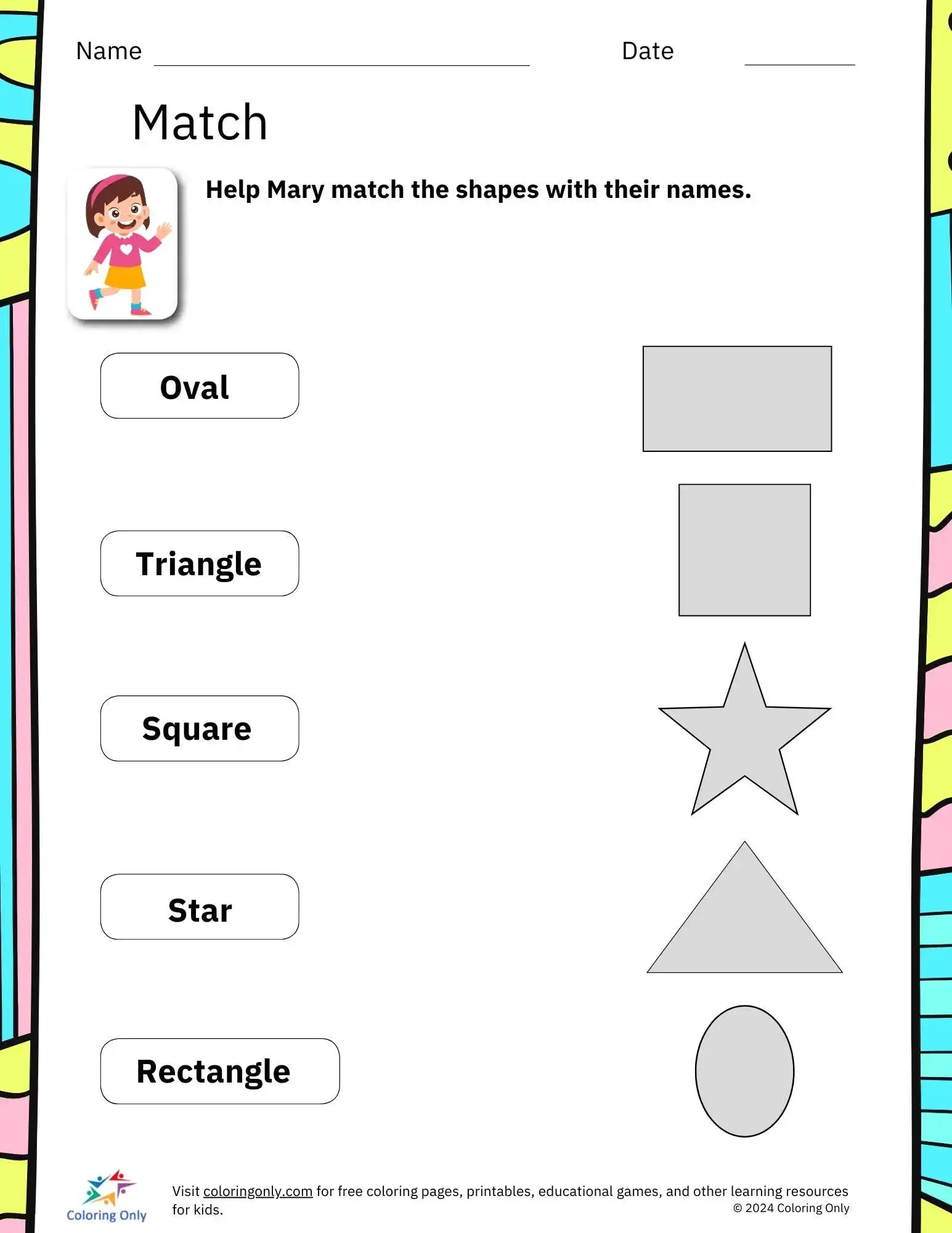 Shape Matching Fun worksheet with cubes, cones, spheres, and rectangular prisms for young learners Kindergarten worksheet featuring 3-D shape matching and coloring activities for geometry practice