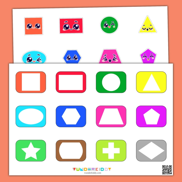 Shape Matching Fun worksheet with colorful 3-D shapes for kindergarten geometry practice Kindergarten students matching and coloring 3-D shapes on a Shape Matching Fun worksheet